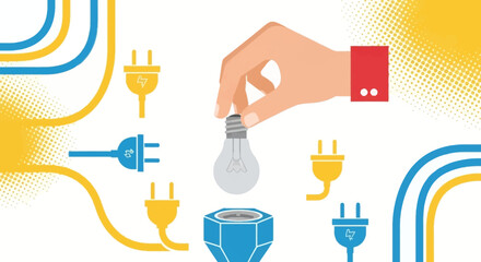 A hand holding a light bulb, surrounded by electrical plugs, symbolizing innovation and connection.