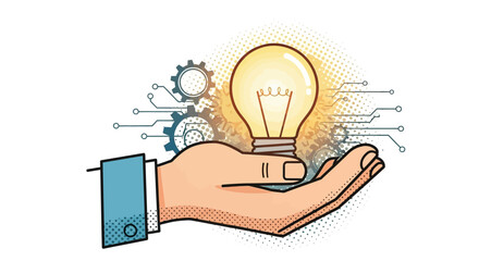 Hand holding a glowing light bulb with gears and circuit lines, symbolizing innovation, technology, and creative solutions.