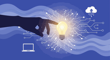 Digital innovation concept: hand touching a glowing lightbulb, representing ideas and technology.