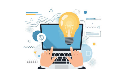 Illustration of a laptop with a lightbulb on the screen, representing ideas and innovation.