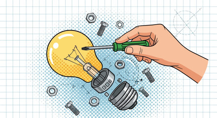 Illustration of a hand using a screwdriver to fix a light bulb.