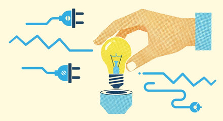 A hand holding a glowing light bulb, symbolizing innovation and new ideas, with electrical plugs and wavy lines representing energy and connection.