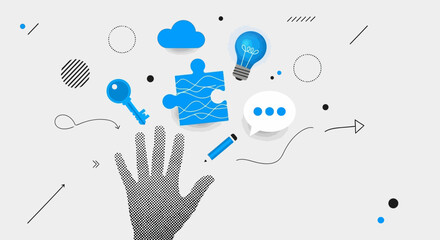 A stylized hand reaching towards a collection of abstract icons representing ideas, solutions, and communication.