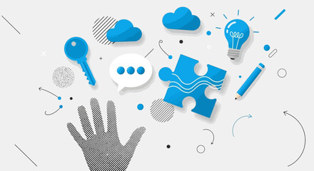 Hand surrounded by icons representing creativity, ideas, and solutions.