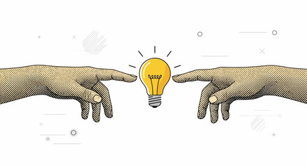 Two hands reaching out towards a glowing lightbulb, symbolizing the creation of an idea.