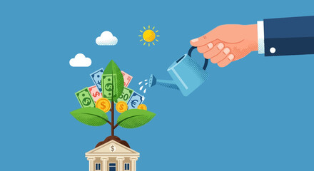 A hand watering a money tree growing from a bank building, symbolizing financial growth and investment.