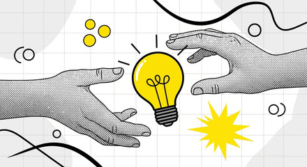 Two hands reaching for a glowing lightbulb, symbolizing idea sharing and innovation.