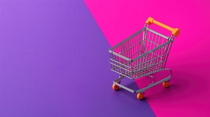 Empty shopping cart representing retail, consumerism, and online shopping against a vibrant purple and pink background