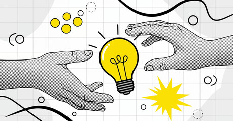 Two hands reaching out to share a glowing lightbulb, symbolizing the exchange of ideas and innovation.
