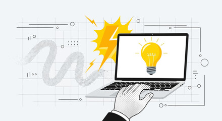 A hand interacting with a laptop displaying a bright lightbulb, symbolizing innovative ideas and technological solutions.