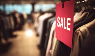 Red Sale Sign Hanging on Clothing Rack in Retail Store, Illustrating Consumerism and Shopping Opportunities During a Discount Event : Generative AI