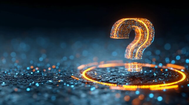 Solve complex problems with futuristic technology, digital question mark shining bright on a circuit board, find answers with innovative solutions and data insights today - Powered by Adobe