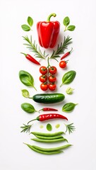 Fresh vegetables and herbs arranged on a white background isolated on white background
