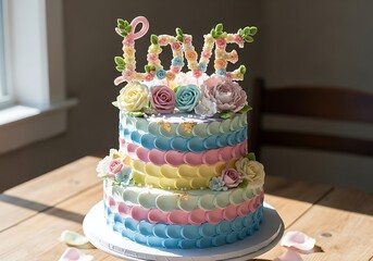 A beautifully decorated three tiered cake adorned with colorful ruffles and floral accents topped with a charming love inscription