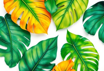 Vibrant green and yellow watercolor tropical leaves on white background,  painting,  vibrant