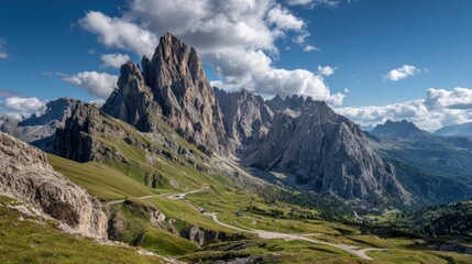 Naklejka premium Towering mountain peaks rise majestically against a blue sky dotted with clouds, while lush green valleys spread below. T