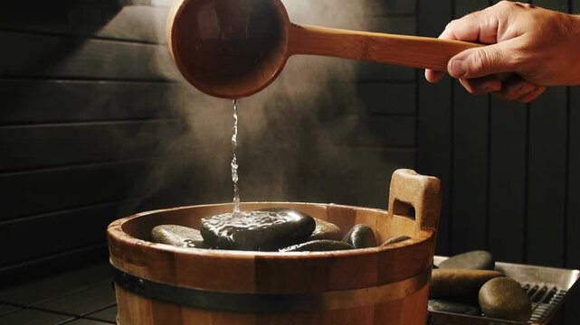 Hand pouring hot water over smooth stones in a wooden bowl, creating steam and a calming atmosphere