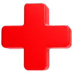A direct, front-on view of a bold, volumetric red cross or plus symbol. This 3D rendering is a universal icon for medical aid, health, positive addition, and emergency services.