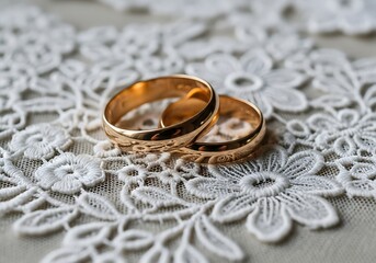 Two elegant rose gold wedding bands resting on a delicate white lace fabric adorned with floral patterns
