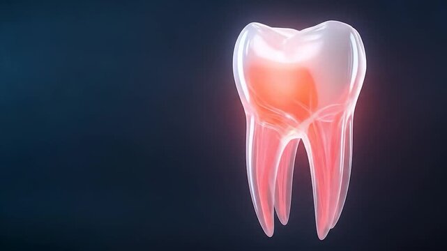 Human tooth anatomy cross section render with red pulp glowing on blue background