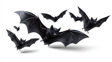 Fototapeta premium group of eerie flying black bats in dynamic wing poses isolated on white background