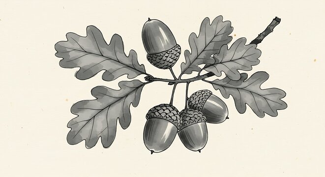 Vintage Style Oak Branch Illustration with Acorns and Leaves - Botanical Drawing