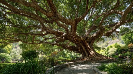 Obraz premium A large tree with wide, twisting branches dominates a vibrant garden, casting playful shadows on the stone path below. Surrounding flora enhances the tranquil atmosphere.