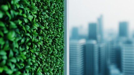 Green wall installation bringing nature into an urban office, with blurred city buildings visible outside a window