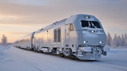 Fototapeta premium A train coated in snow moves along a deserted track amid a serene winter landscape, displaying the beauty of dawn light over the frozen scenery.