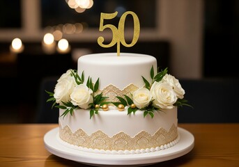 Elegant two tiered white birthday cake adorned with delicate white roses and a sparkling gold number 50 topper