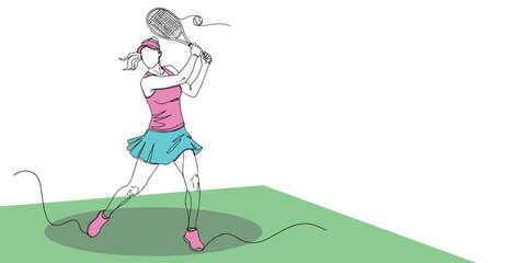 Minimalist line drawing of a female tennis player swinging a racket. Perfect for sports, tennis lifestyle, fitness, competition, energy, and healthy lifestyle concepts.