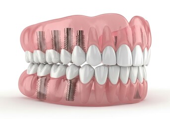 Dental Prosthesis with Implants on White Full Set of Dentures and Metal Screws