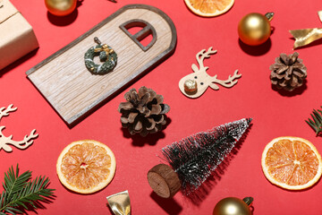 Many Christmas symbols on red background