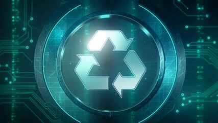 Futuristic digital recycling symbol surrounded by glowing circuit patterns on a tech-themed background - Powered by Adobe