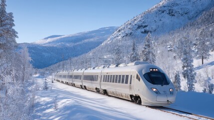 A sleek train moves gracefully through a snowy landscape amidst tall trees and rolling hills. The bright winter sun highlights the serene beauty of the scene, creating a tranquil atmosphere.