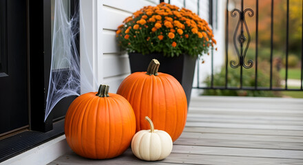 Vibrant Halloween Porch Decor with Pumpkins, Spiderweb, and Autumn Mums