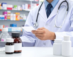 Fototapeta premium Pharmacist's Careful Review of Prescription Medications in a Pharmacy Setting