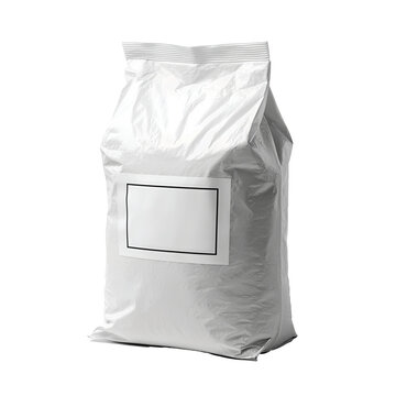 A simple, unmarked white gusseted bag with a blank label, a versatile and minimalist packaging mockup for coffee, tea, or various bulk food products.
