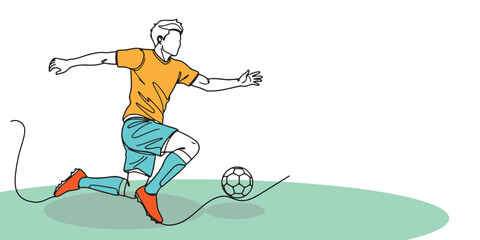 Minimalist line art of a male soccer player kicking a ball. Perfect for football, sports lifestyle, fitness, energy, teamwork, training, and competition concepts.