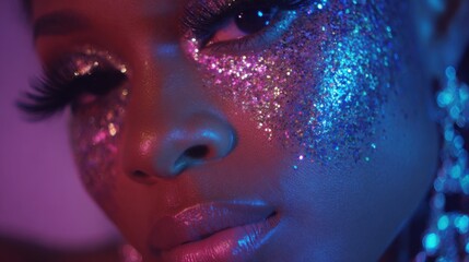 A stunning model highlights elaborate glitter makeup with colorful lighting illuminating her face. The artistic arrangement creates a captivating and bold look, ideal for fashion photography.