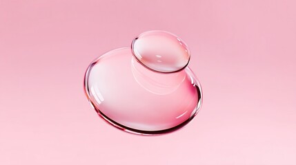 Two transparent water droplets floating in the air, with a soft pink background, shot from a top-down perspective, in high-resolution macro style suitable for skincare advertisements.