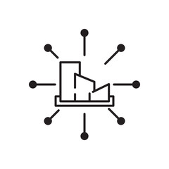Line icon of a cityscape with radiating connection points, symbolizing urban networking. Ideal for illustrating city development, business expansion, infrastructure growth, and connectivity.