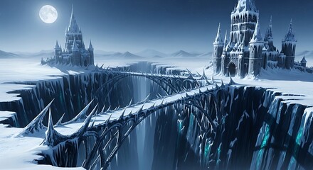 Gothic Ice Castles Connected by a Dragon Bone Bridge Over a Chasm.