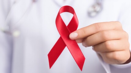 Doctor's hand holding a red ribbon symbol