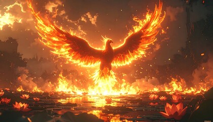 Fiery phoenix ascends, reborn