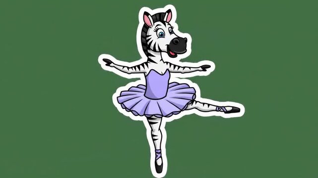 Graceful illustration depicts a dancing zebra wearing a ballet tutu and pointe shoes on a soft pink background, showcasing elegant movement and vibrant colors.