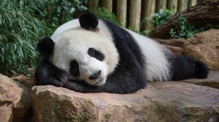 Obraz premium A giant panda rests peacefully on a large rock surrounded by greenery in a habitat. The animal displays a calm expression, enjoying a serene moment in the afternoon sun.