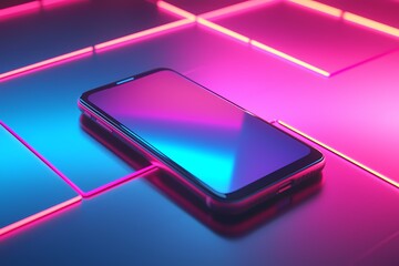 Sleek smartphone on vibrant neon pink blue background modern tech aesthetic glowing display futuristic design stylish