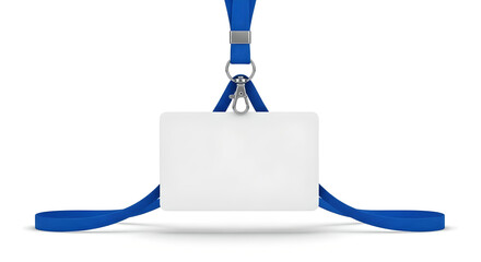 Blank White Identification Badge with Blue Lanyard and Metal Clip on White Background