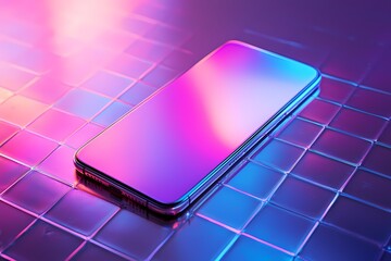 Sleek smartphone glowing with vibrant pink blue neon light reflecting on a futuristic tiled surface A captivating tech